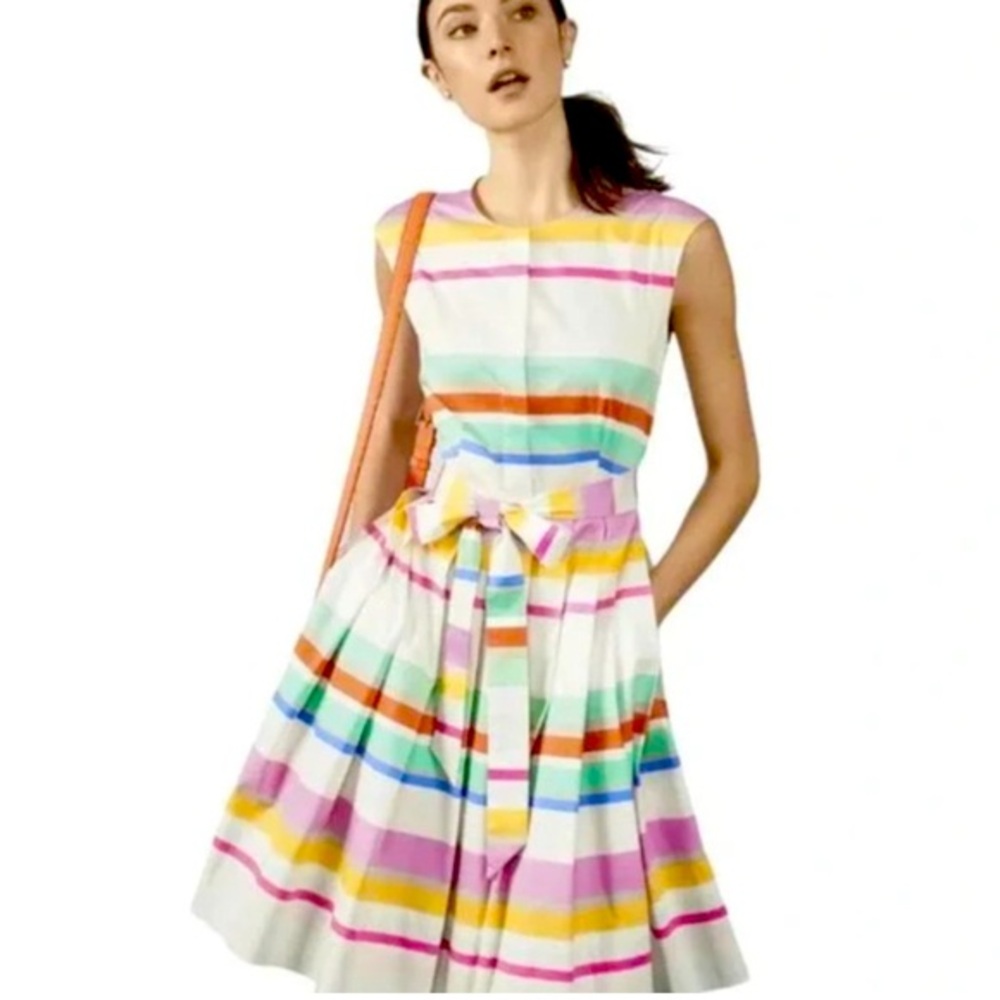 Striped Pastel Fit-and-Flare Dress with Waist Tie